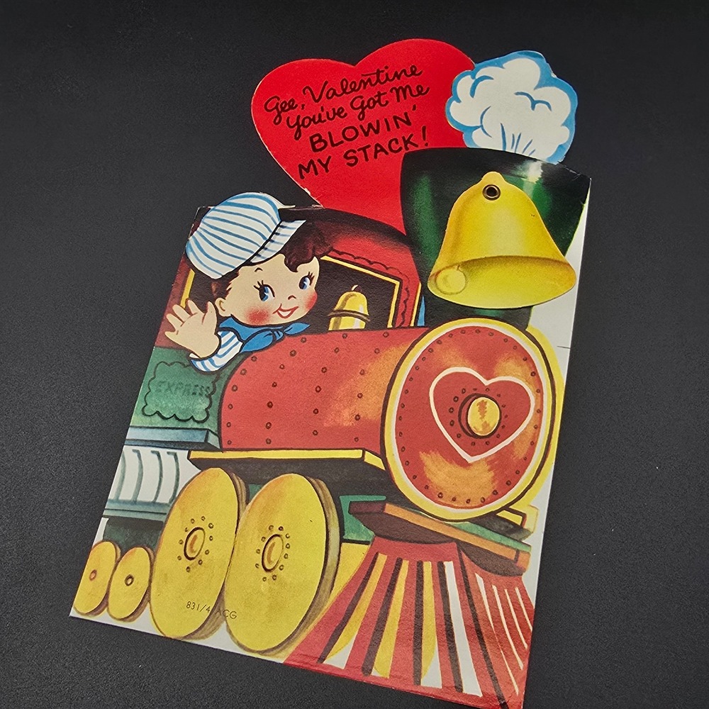 Vintage ACG Valentine Card Train Steam Engine Heart Blowin My Stack Unused
